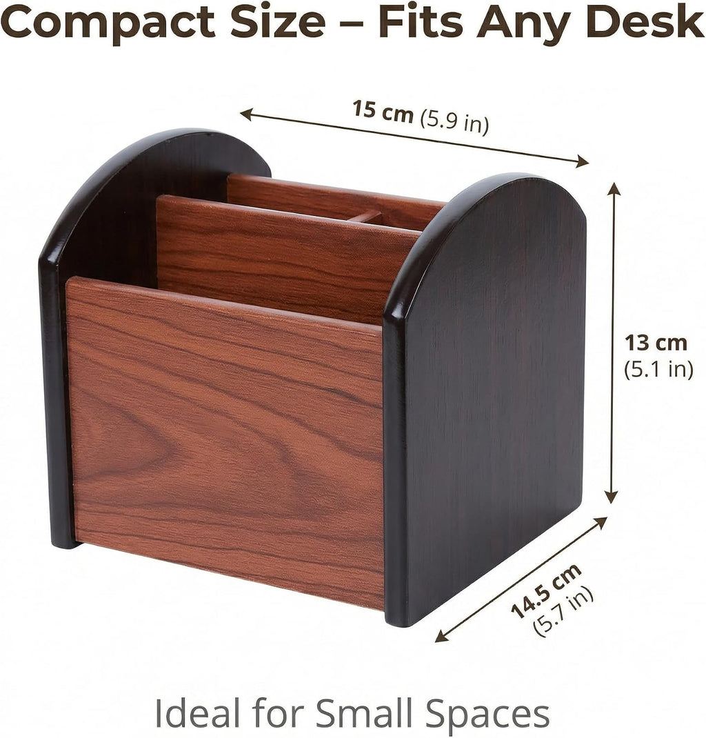 Wooden Desk Organizer with 4 Compartments, Remote Control Holder, Office Storage Caddy, 360-degree rotation Black and Brown Desk Organizer for Office Supplies