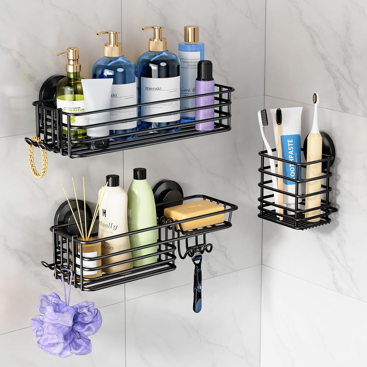 LEVERLOC Shower Caddy Suction Cup, 3 Pack Black Shower Shelf With Hook