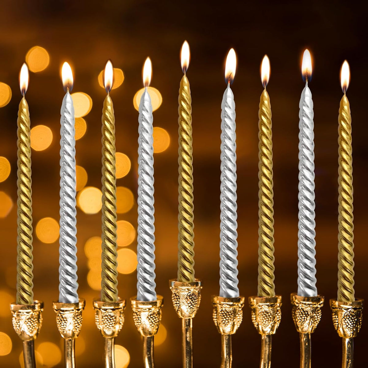 10 Inch Spiral Taper Candles Set for Christmas, 6 Gold and 6 Silver Unscented Twisted Candlesticks, Dripelss Thin Tapered Candles for Holiday Party Decoration