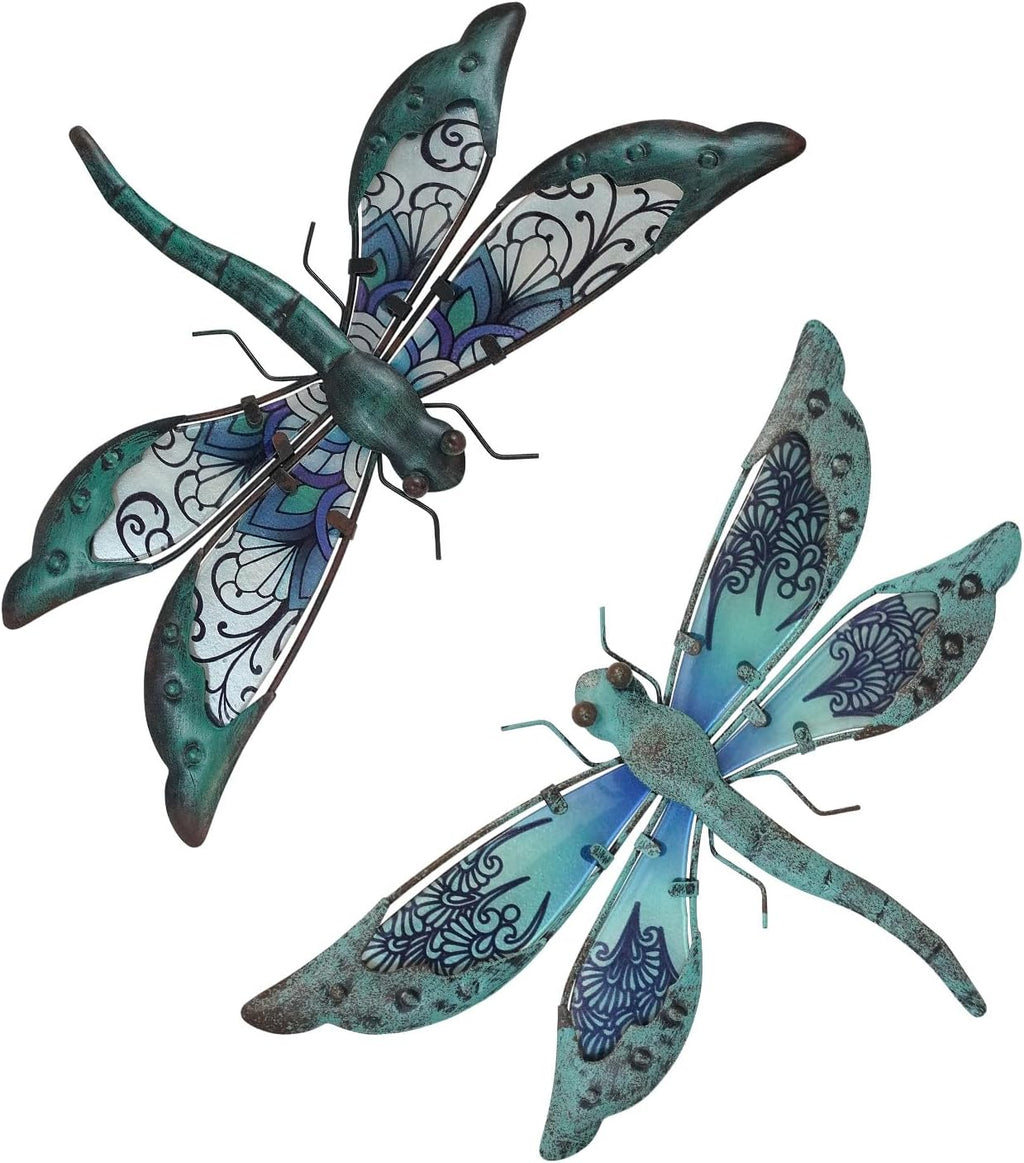LIFFY Glass Metal Dragonfly Wall Decor Pair - Outdoor Wall Art for Garden and Home - Hanging Decor Gifts for Women, Light Blue