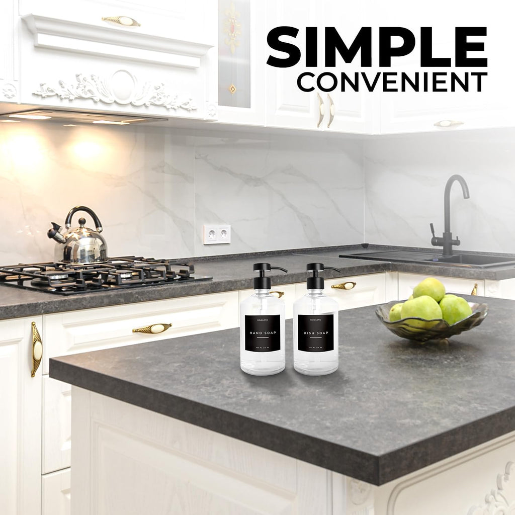 Luxury Glass Soap Dispenser Set of 2 - Elegant Clear Glass Bottles with Matte Black Stainless Steel Pumps, Kitchen Soap and Bathroom Hand Soap Dispenser, Perfect Pump All Homes.