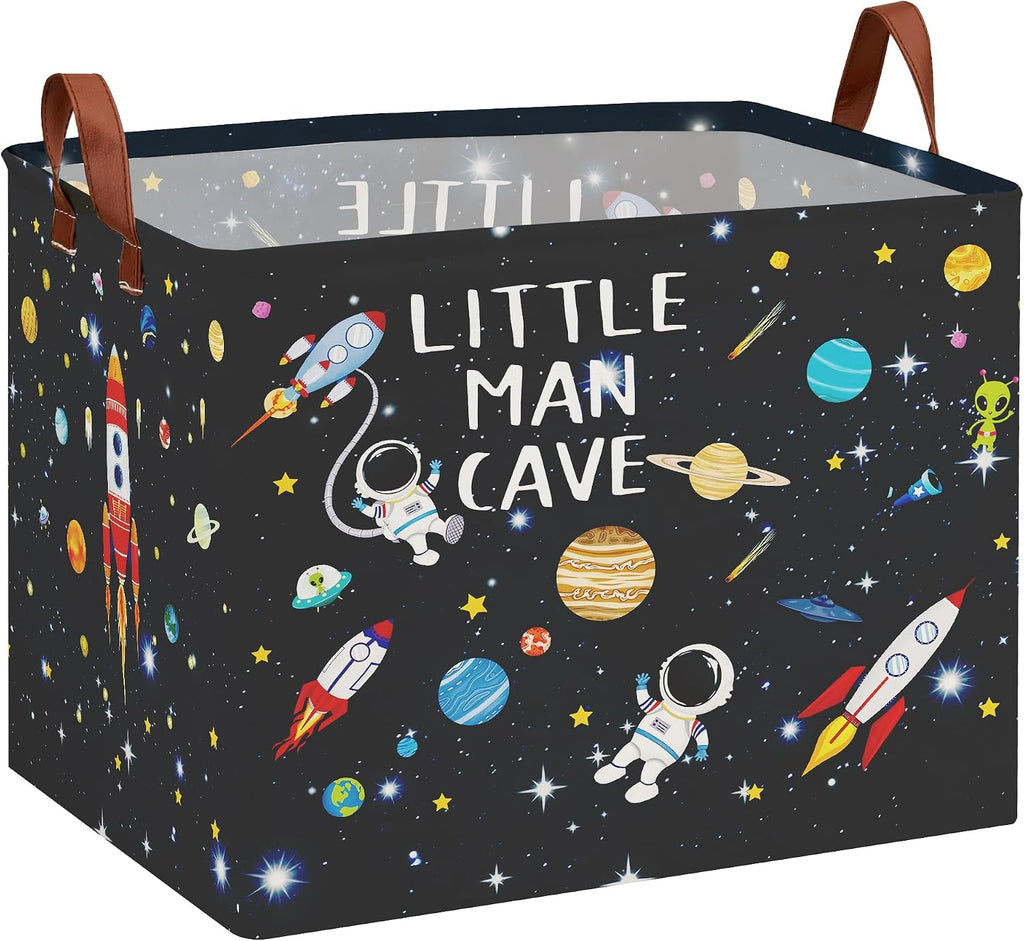 Outer Space Room Decor Basket, Astronaut Storage Basket with Inspirational Quotes,Planets Boy Room Decor Shelf Hamper ,Rectangular Clothes Book Toy Storage Bin (Black)