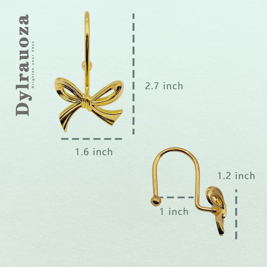 Gold Shower Curtain Hooks, 12 Pack Bow Shower Curtain Rings, Decorative Metal Rust Proof Curtain Hangers with 3D Ribbon Design, Cute Coquette Bathroom Decor
