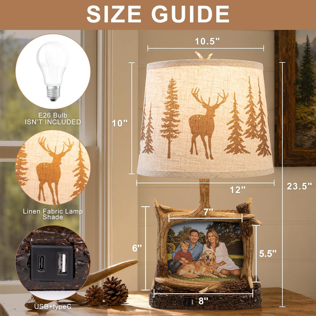 Dungoo 23" Rustic Antler Table Lamp with Picture Frame Lamp with USB-C Port