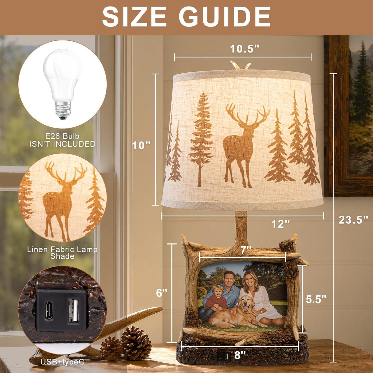 Dungoo 23" Rustic Antler Table Lamp with Picture Frame Lamp with USB-C Port