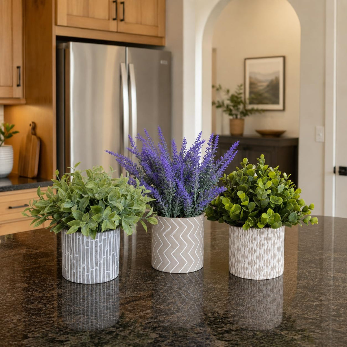 Faux Plants Indoor, Set of 3 Lavender Eucalyptus in Cement Pots