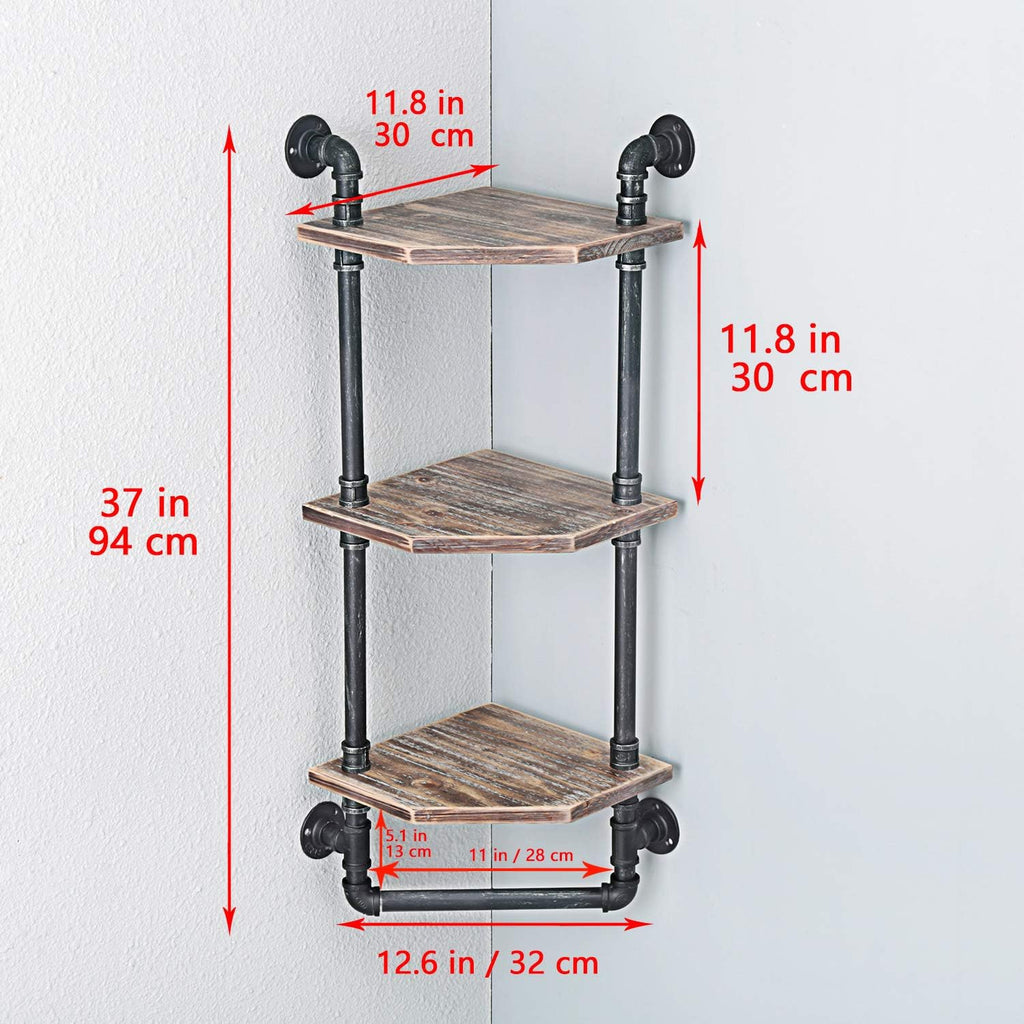 MBQQ Industrial Pipe Shelf,Rustic Corner Shelves with Towel Bar,Bathroom Shelves Wall Mounted,3 Tiered Metal&Real Wood Home Decor Floating Shelves