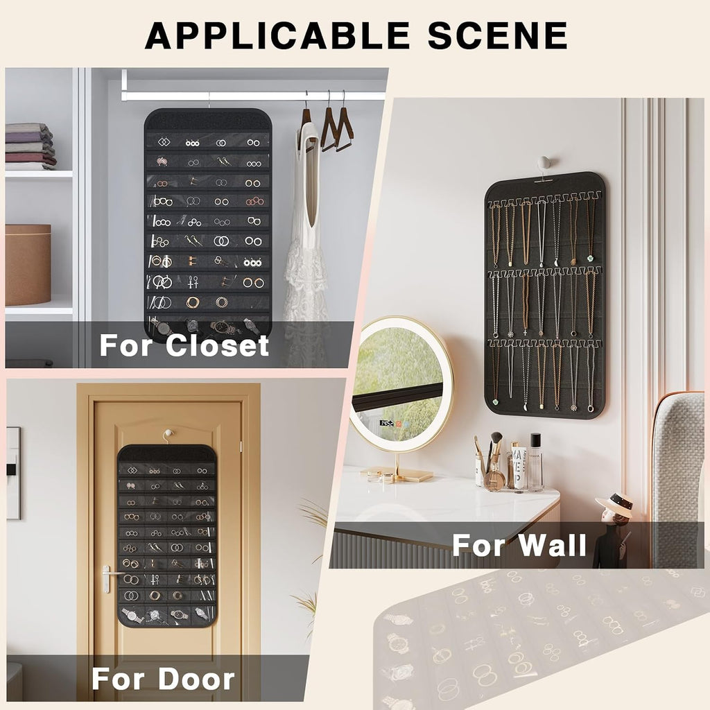 Double-Sided Hanging Jewelry Organizer for Necklaces Earrings, 2-Pack Black