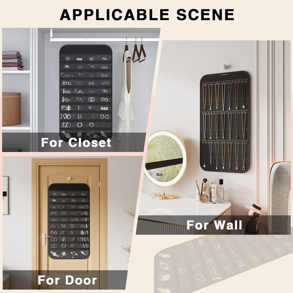 Double-Sided Hanging Jewelry Organizer for Necklaces Earrings, 2-Pack Black