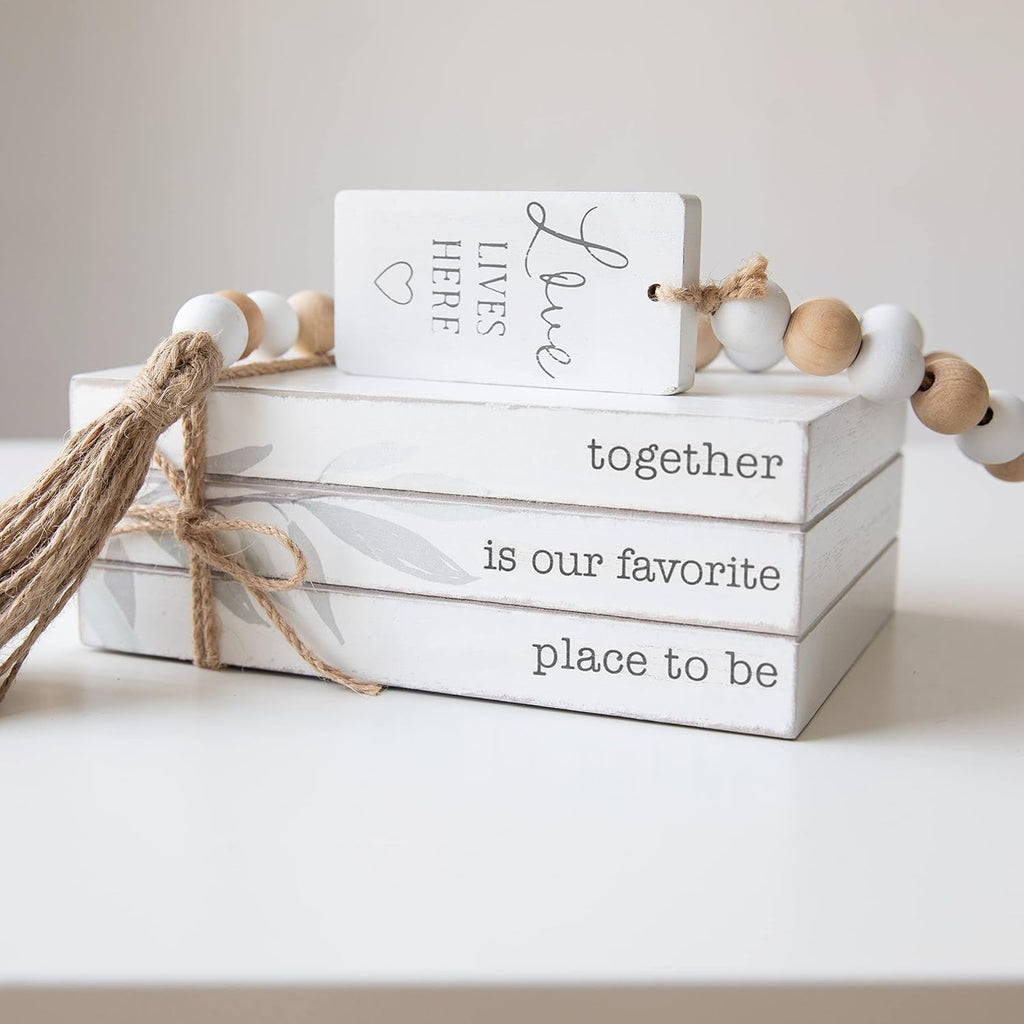 GENMOUS 4pcs White Decorative Books Set for Home Decor, Stacked Wood Books with Wood Beads for Living Room, White Faux Books for Display, Shelf Decor, Mantel Decor, Farmhouse Décor (Together)
