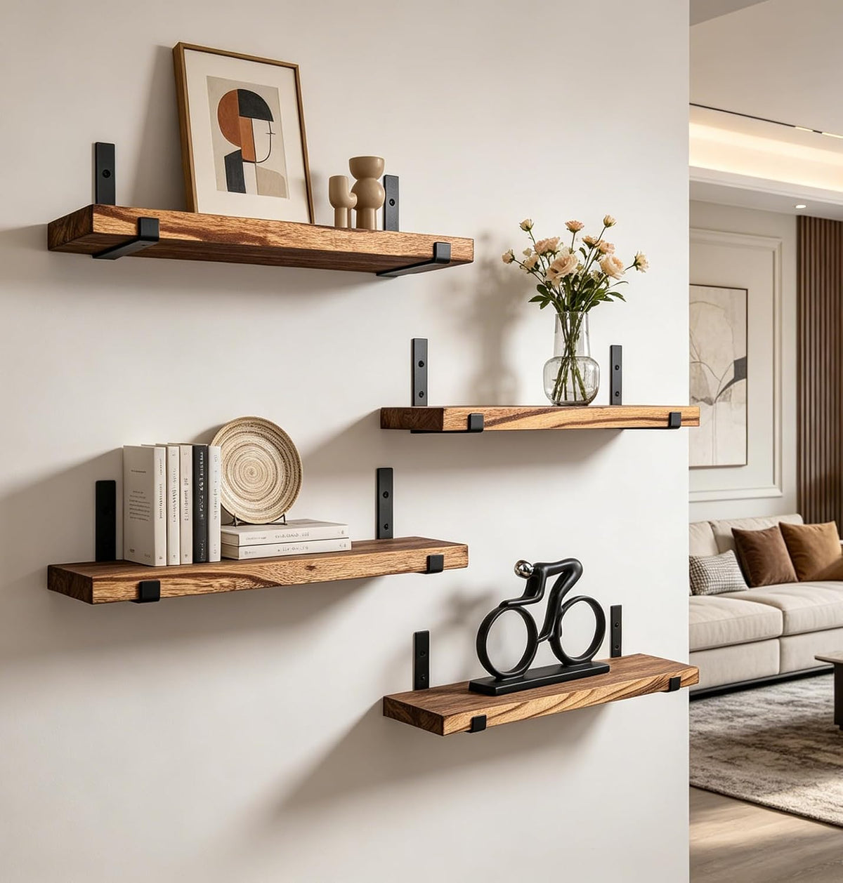Rustic Wood Floating Shelves Farmhouse Wooden Wall Shelves for Bathroom Bedroom Living Room Kitchen Office Set of 4 Light Brown 17 Inch