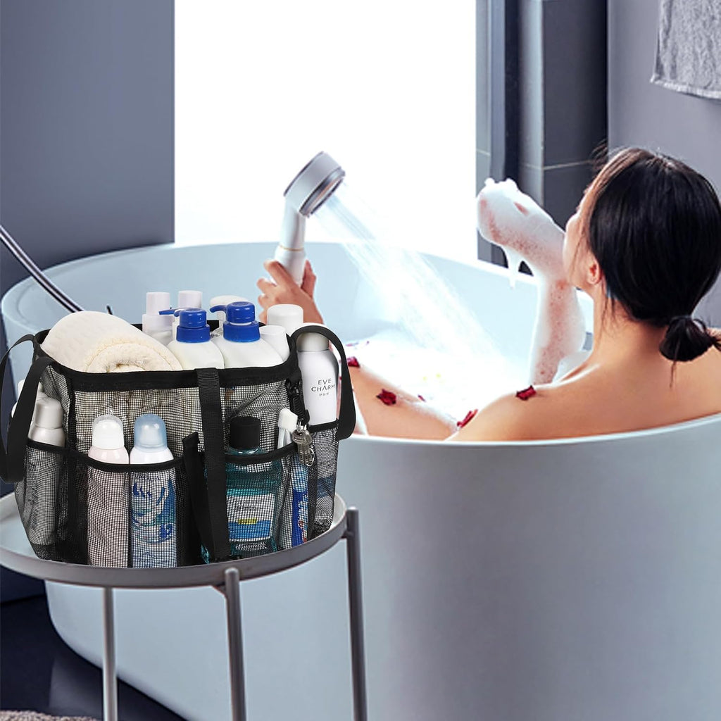 CUBETASTIC Mesh Shower Caddy Portable, Quick Dry Hanging Toiletry Bag for College Dorm Essentials with 4 Pockets/Divider/Plastic Bottom, Travel Tote Bag for Camping, Bathroom, Beach, Swimming, Gym