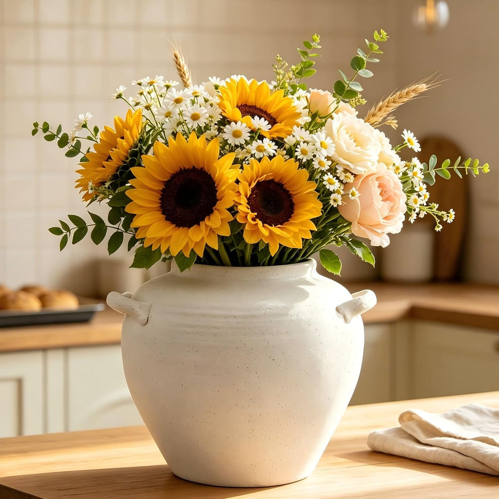 Large White Ceramic Vase 7 inch Rustic Farmhouse Vase with Handles for Home Decor Vintage Decorative Vases for Bookshelf, Table, Mantle Fireplace, Living Room, Bathroom, Wedding