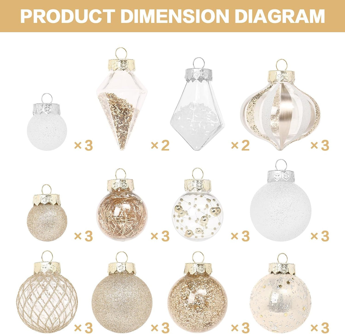 34PCS Champagne/White Christmas Ball Ornaments Set for Tree Decor