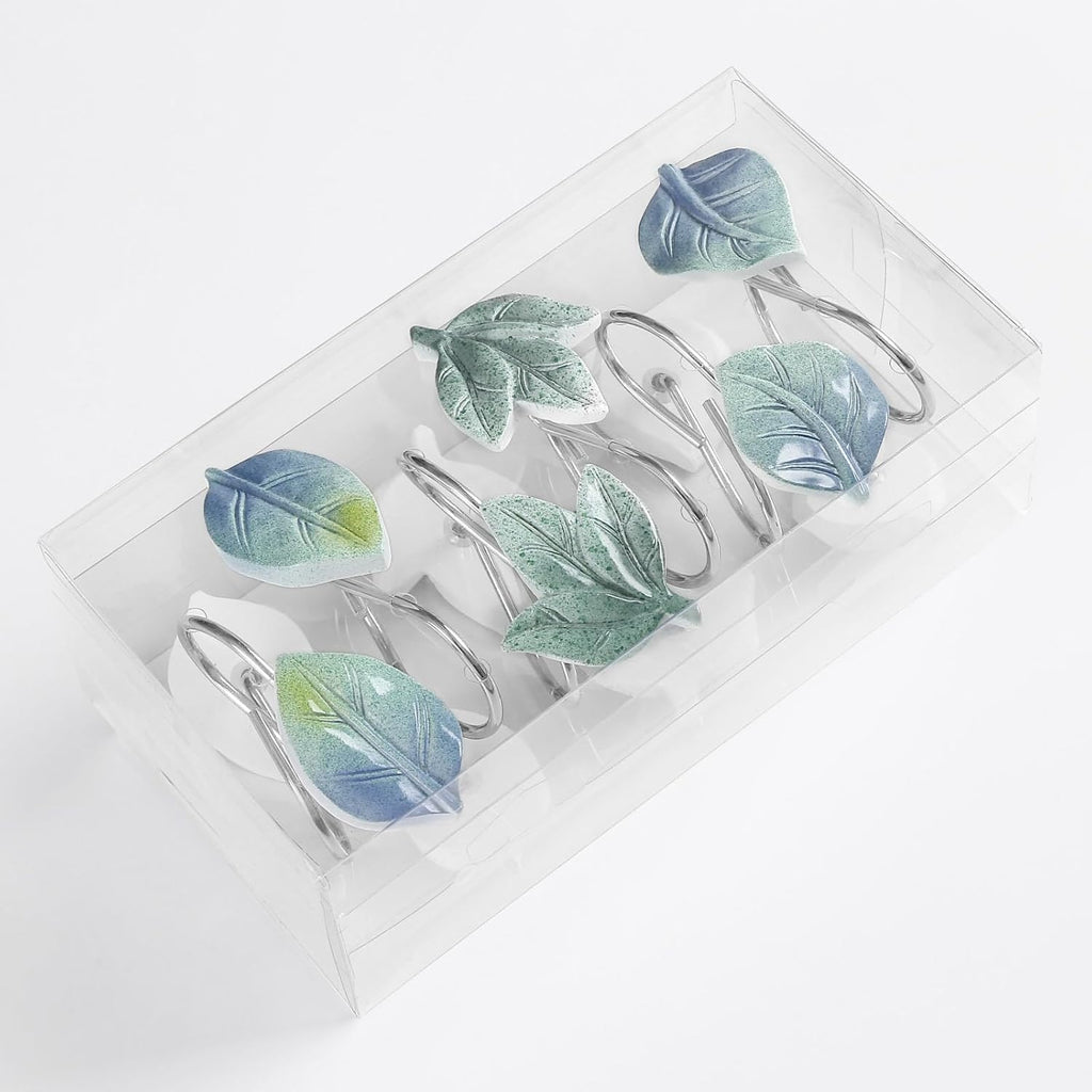Blue Plant Leaf Shower Curtain Hooks,Eucalyptus Bathroom Decor,12PCS