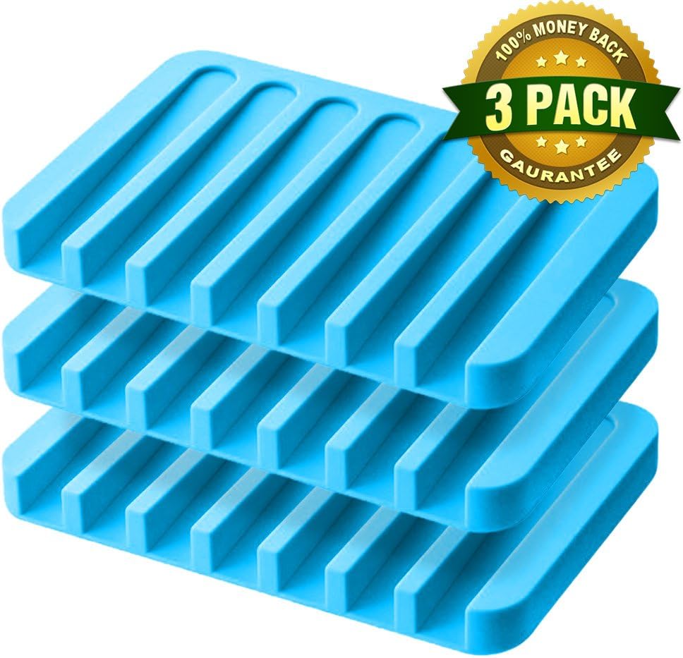 Anwenk Soap Dish Waterfall Soap Saver Tray Soap Holder Drainer for Shower/Bathroom/Kitchen/Counter Top, Keep Bars Dry & Clean,Easy Cleaning, Flexible Silicone-Blue,3 Pack