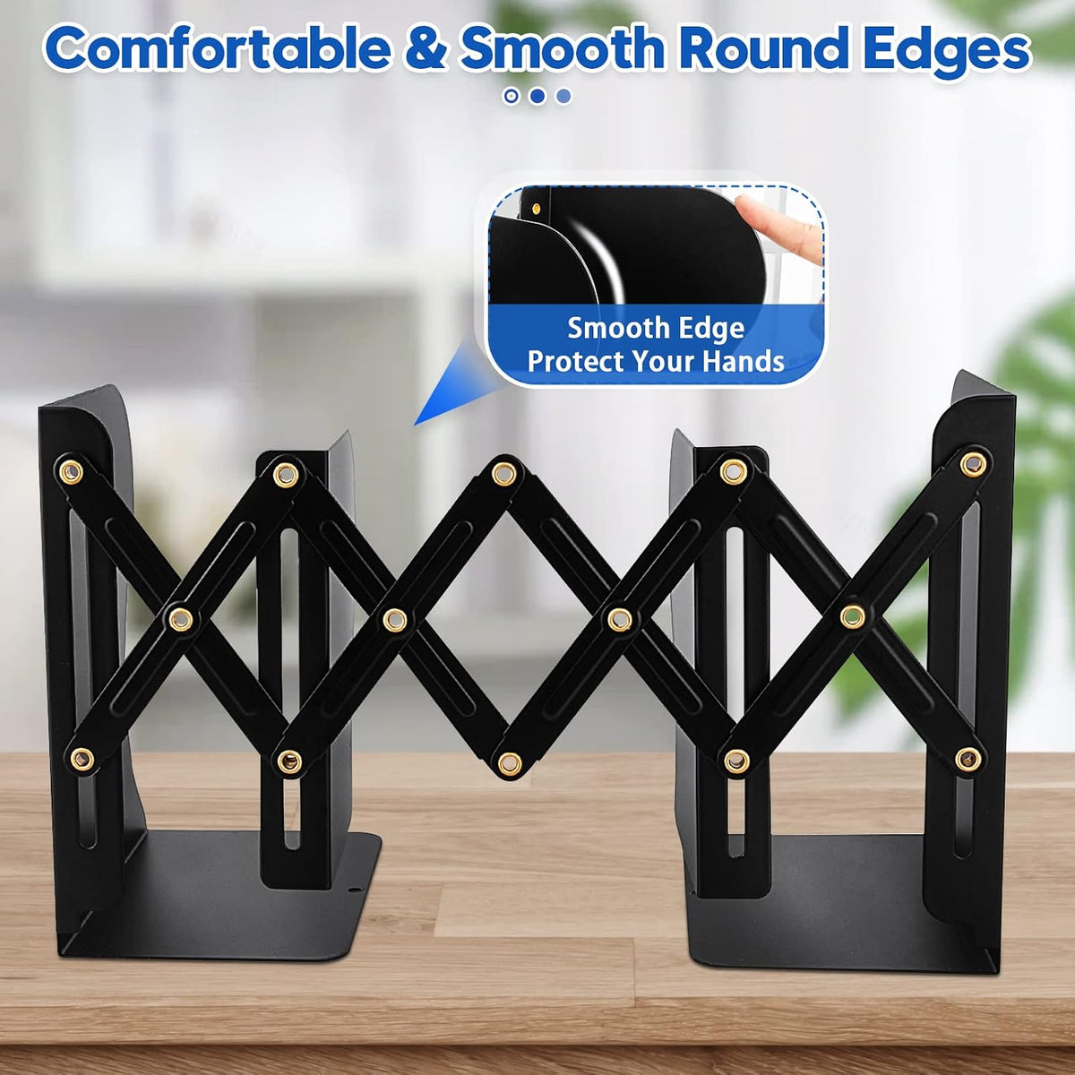 2PCS Heavy Duty Book Ends with Detachable Pen Holder, Adjustable Bookends for Shelves, Sturdy Metal Book Ends for Tabletop