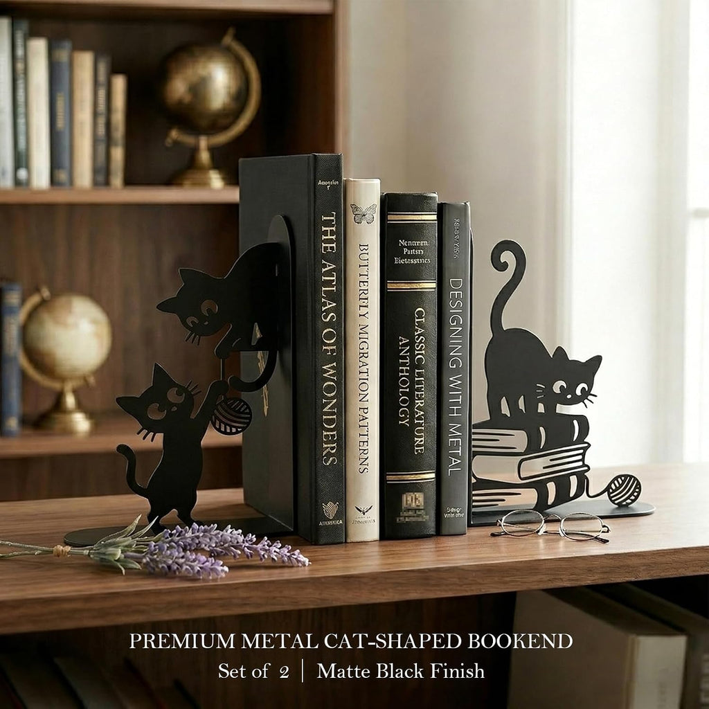 Funny Cat Bookends Metal Black Cat Book Ends for Shelves Decorative Bookshelf Home Office Desk Bookshelf Decor Gift for Cat Lovers and Reading Enthusiasts