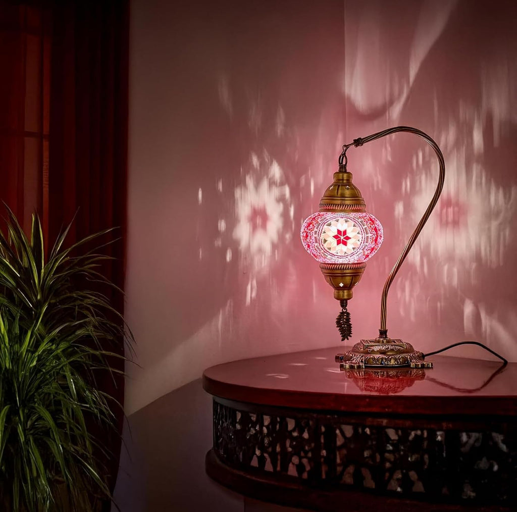 DEMMEX Turkish Moroccan Mosaic Table Lamp – Handcrafted Tiffany-Style Colorful Glass Swan Neck Bedside, Desk, Table Light, Boho Artisan Accent Lighting for Bedroom or Living Room – 15" H, Pink