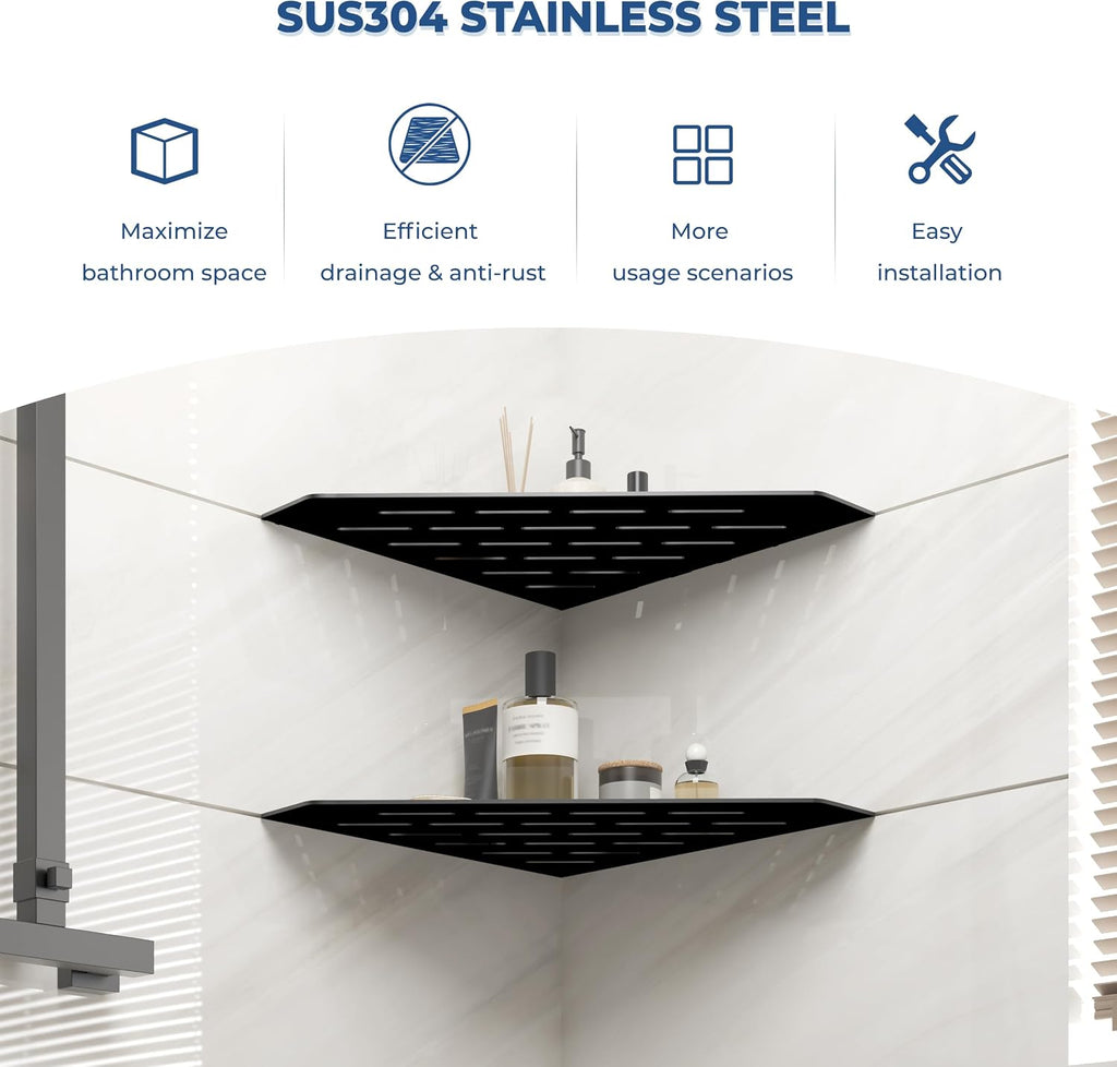 FerdY 2-Pack 10" Matte Black Recessed Corner Shower Shelf, for Tiled Bathroom Walls, 304 Stainless Steel Floating Shelf, Shower Caddy Storage Shelves, No Drilling Required, Striped Diamond