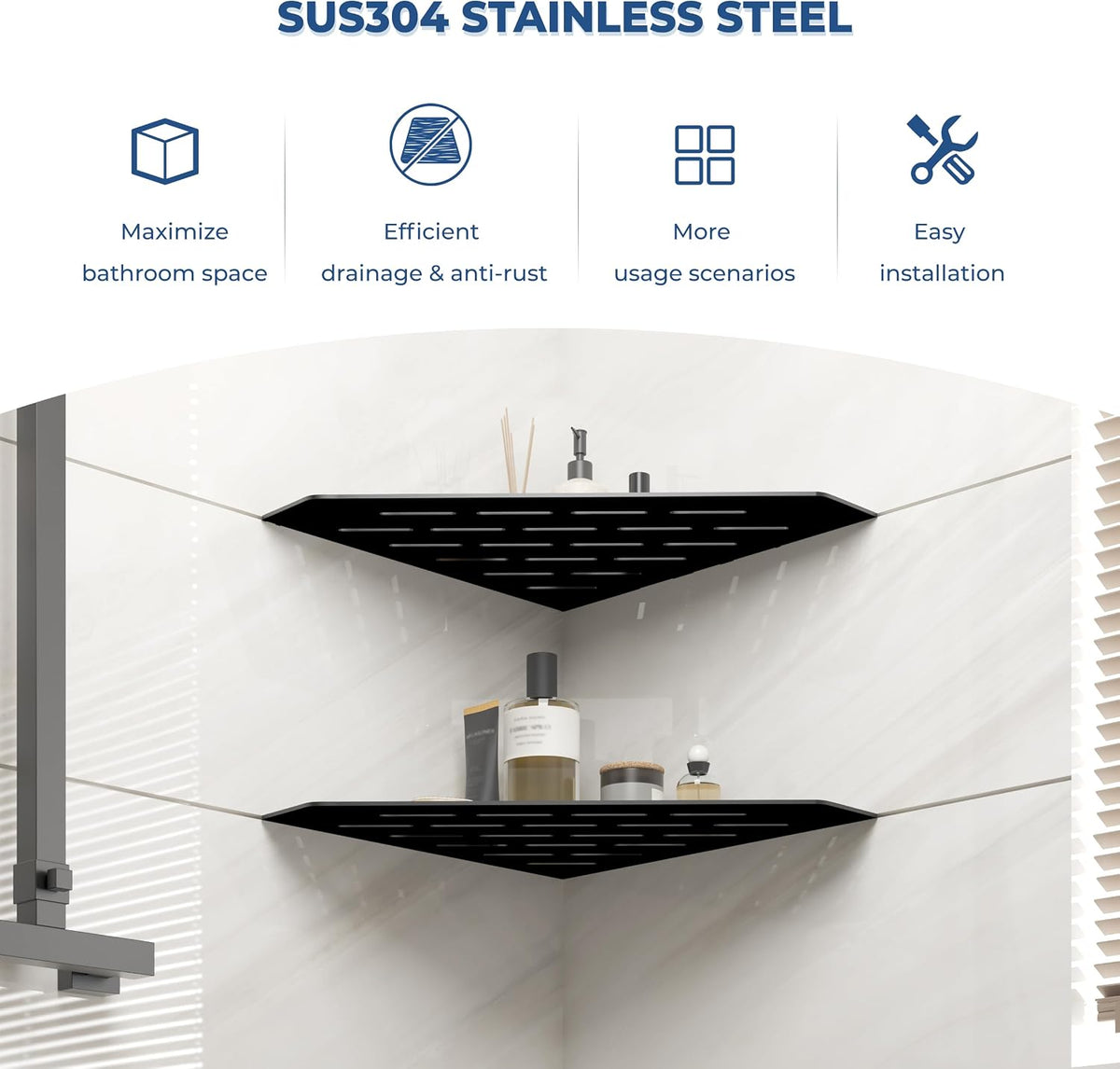 FerdY 2-Pack 10" Matte Black Recessed Corner Shower Shelf, for Tiled Bathroom Walls, 304 Stainless Steel Floating Shelf, Shower Caddy Storage Shelves, No Drilling Required, Striped Diamond