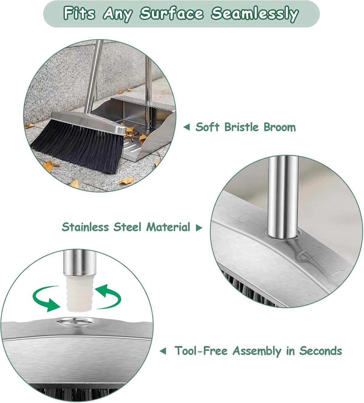 Dustpan with Broom Set,Long Handle Stainless Steel Dustpan and Broom Combo