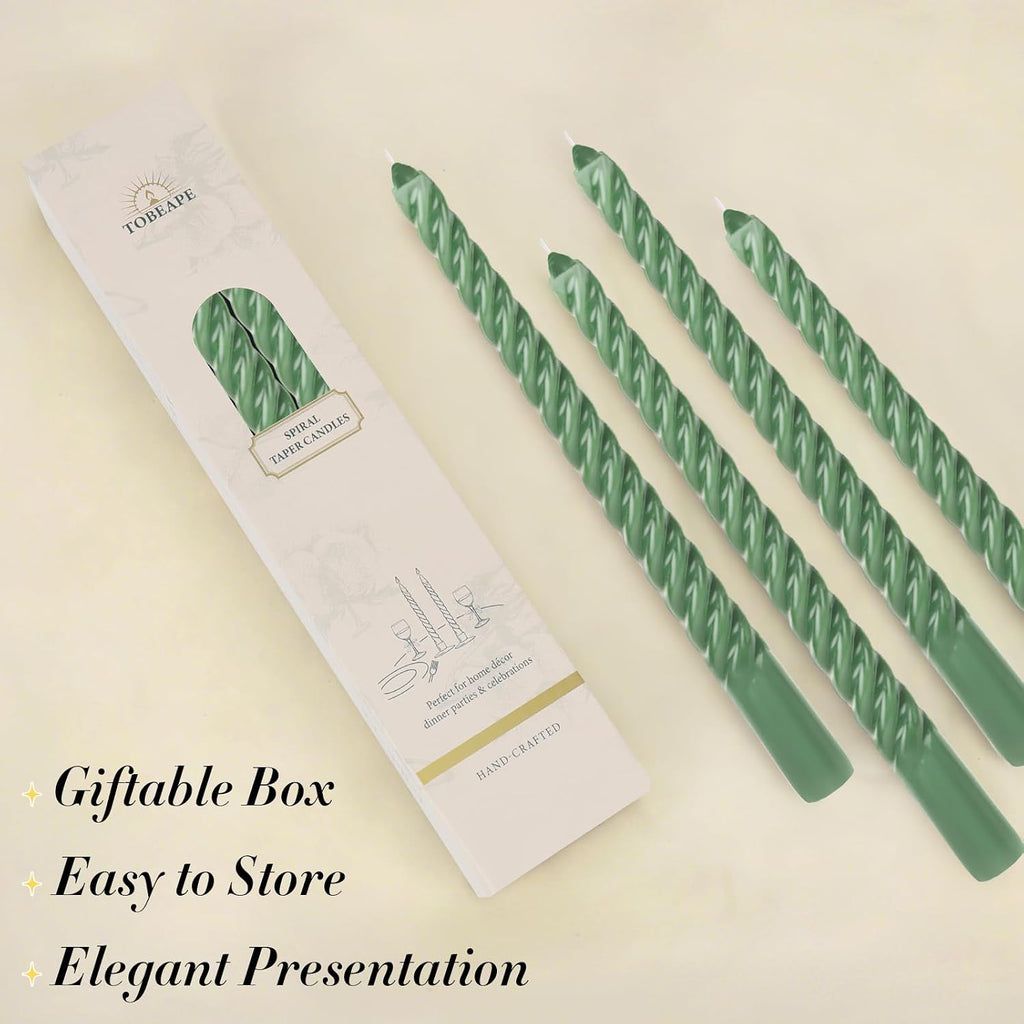 Tobeape 10" Green Spiral Taper Candle Sticks 4 Pack, Unscented & Dripless