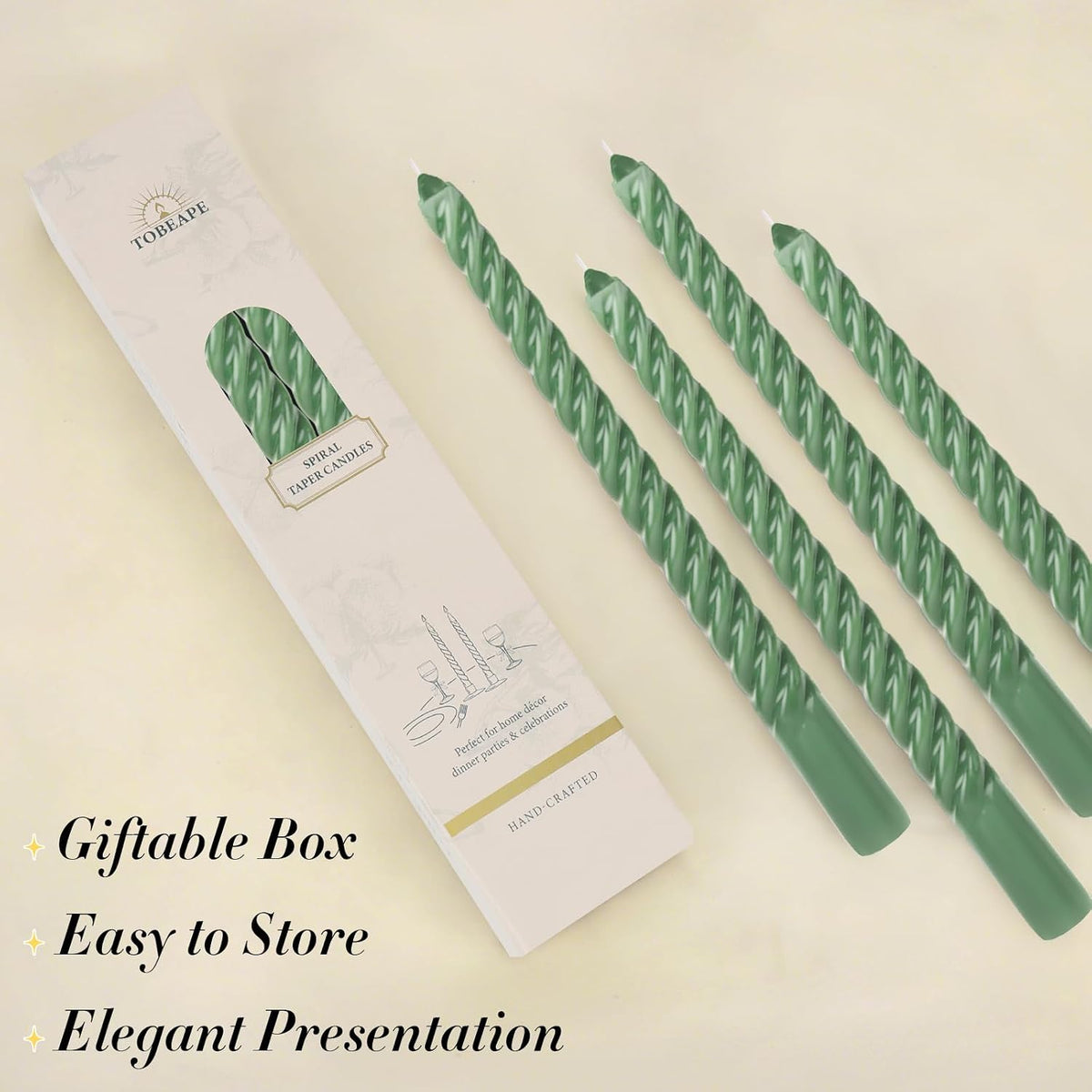 Tobeape 10" Green Spiral Taper Candle Sticks 4 Pack, Unscented & Dripless