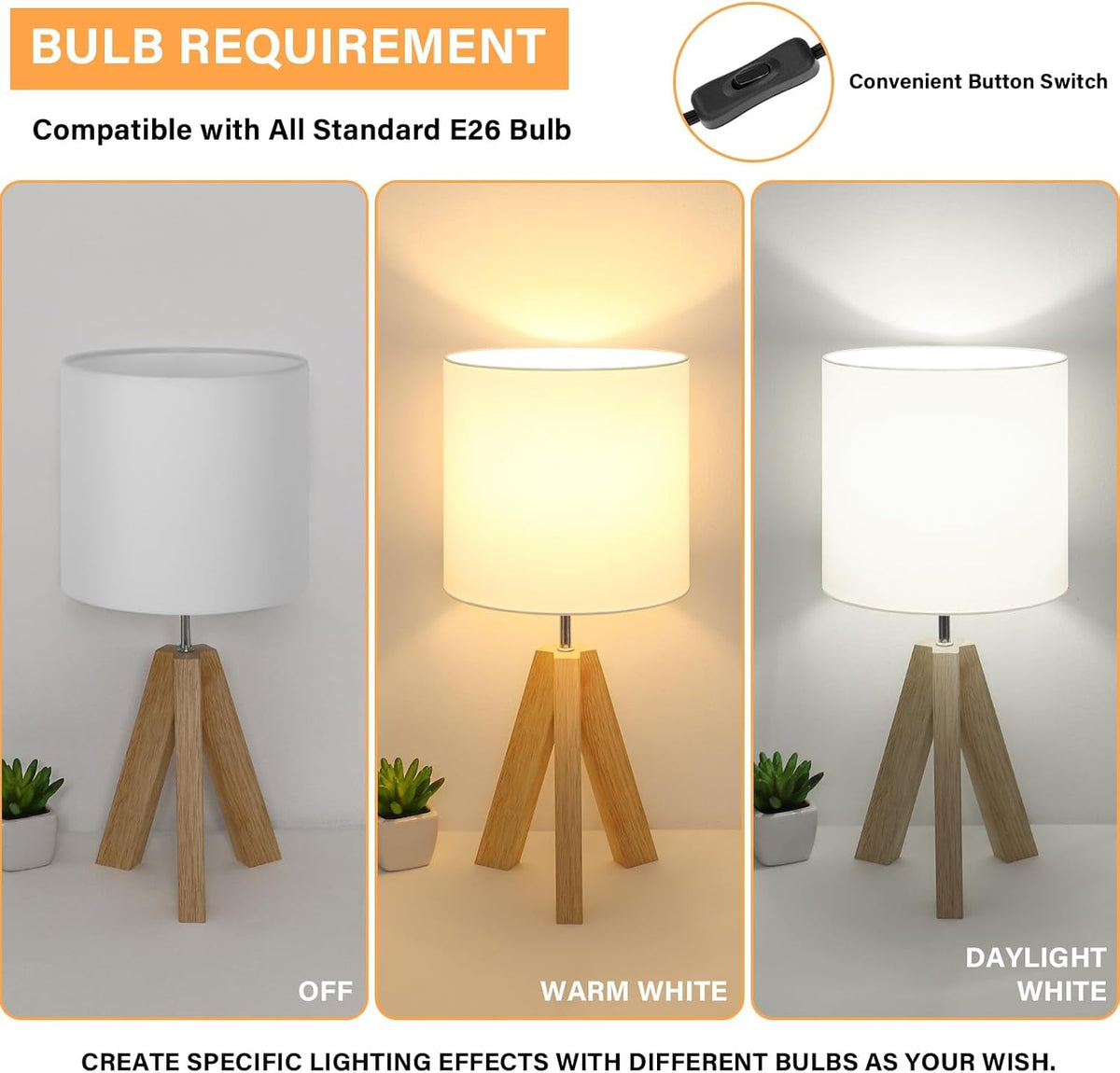 Brightever Small Beside Table Lamp, Wood Tripod Table Lamp with White Fabric Shade, Cute Boho Nightstand Minimalist Desk Lamp for Bedroom Living Room Nursery Kids Room Office Dorm, Bulb Not Included