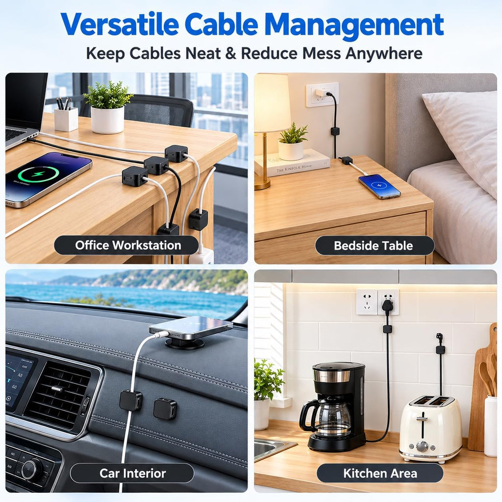 10 Pack Cord Organizer, Magnetic Cable Management, Cord Holder for Desk, Adhesive Cable Clips Wire Keeper for Nightstand, Home, Office, Desktop, Car, Wall (Black)