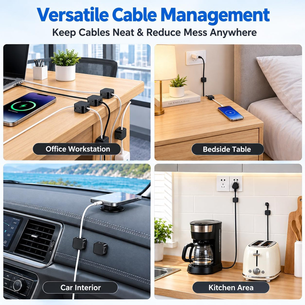 10 Pack Cord Organizer, Magnetic Cable Management, Cord Holder for Desk, Adhesive Cable Clips Wire Keeper for Nightstand, Home, Office, Desktop, Car, Wall (Black)
