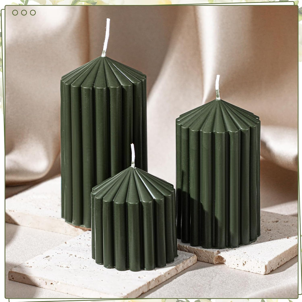 Conelist Set of 3 Moss Green Ribbed Pillar Candles Soy Wax Scented Candles
