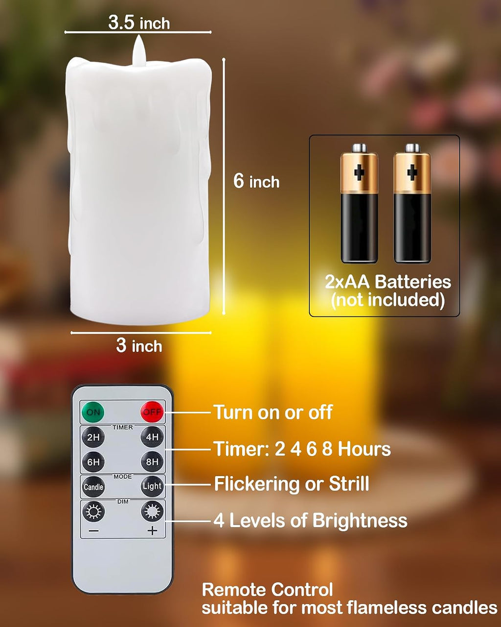 Gmnee 3"x6" Flickering Flameless Candles with Remote Timer, LED, Real Wax