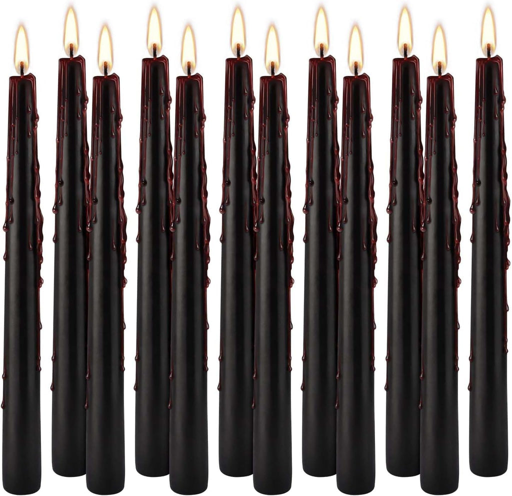 YOROXRG 12PCS 10-Inch Black Bleeding Taper Candles,Vampire Tears Taper Candles- Unscented Ideal for Halloween, Christmas, Rituals, and Themed Party Decor