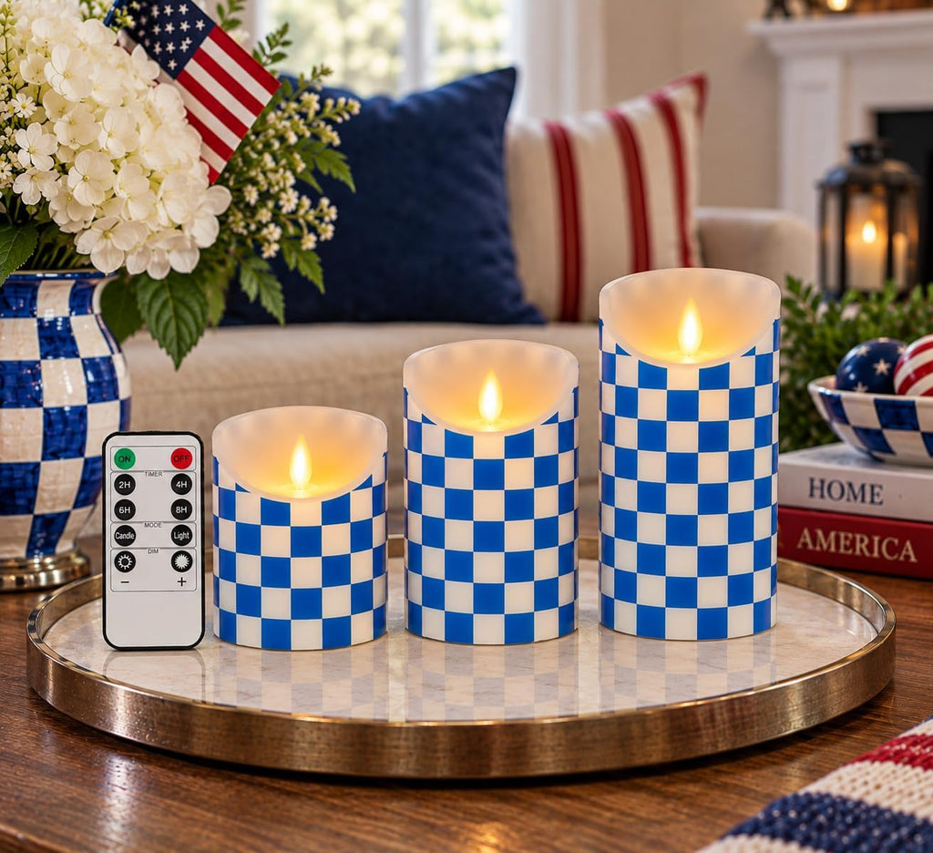 Flickering Flameless Wax Coated Candles: Set of 3 Battery-Operated LED with Remote with Timer (Blue Check)