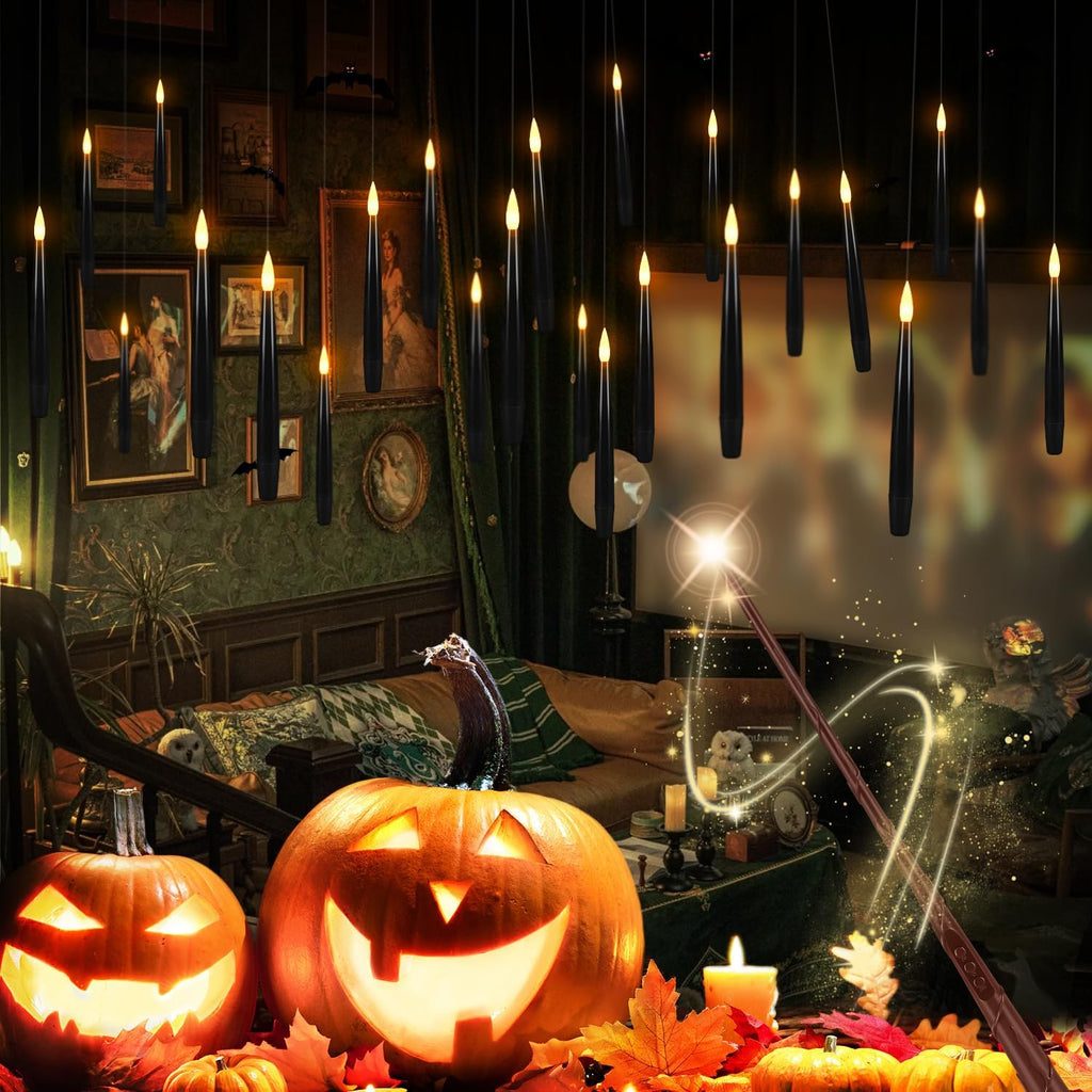 24 Floating Flameless Candles with Wands, Halloween Hanging Decor