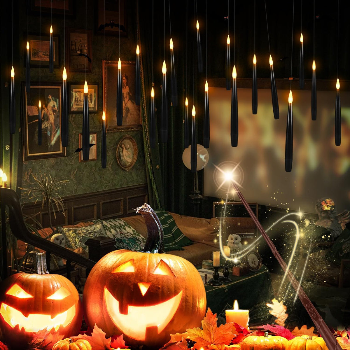 24 Floating Flameless Candles with Wands, Halloween Hanging Decor