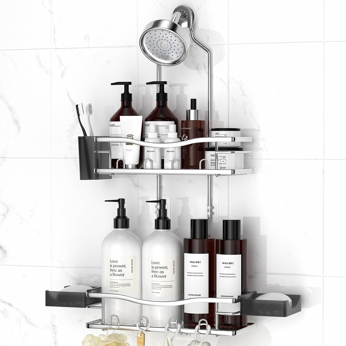 Rustproof Shower Caddy Hanging with Soap Holders for Bathroom, Silver