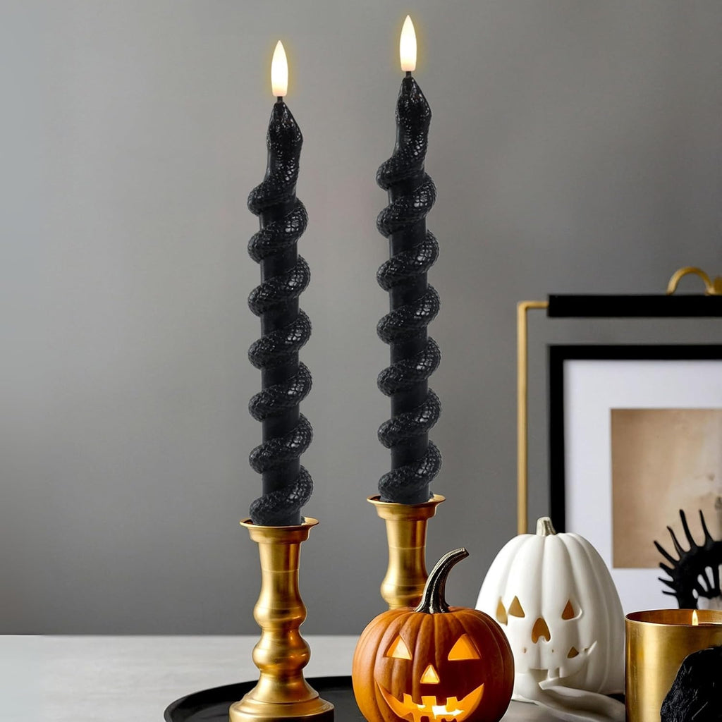 LumiPur Signature Collection Natural Glow Flickering Flameless LED Wax Taper Candle 1" x 9" (Snakes - Black, 2-Pack)
