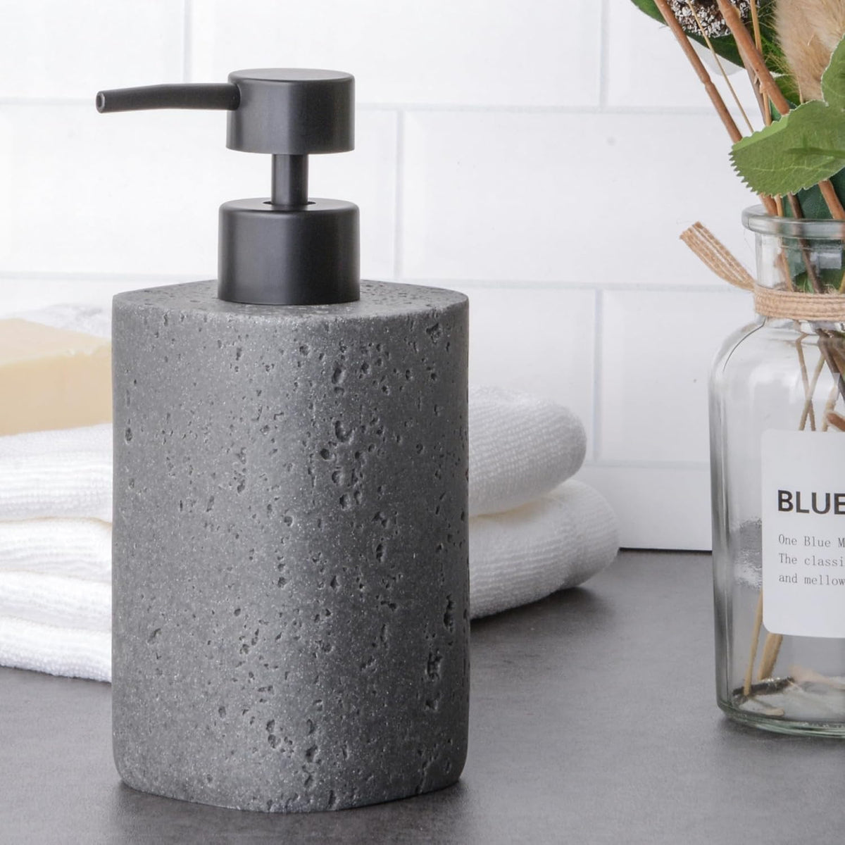 Clasin Home 2 Pack Gray Resin Soap Dispensers, Refillable Liquid Lotion Dispenser Bottles with Travertine-Look for Bathroom and Kitchen Countertop, Modern Stone Texture (10.8 oz), Spare Pump Included