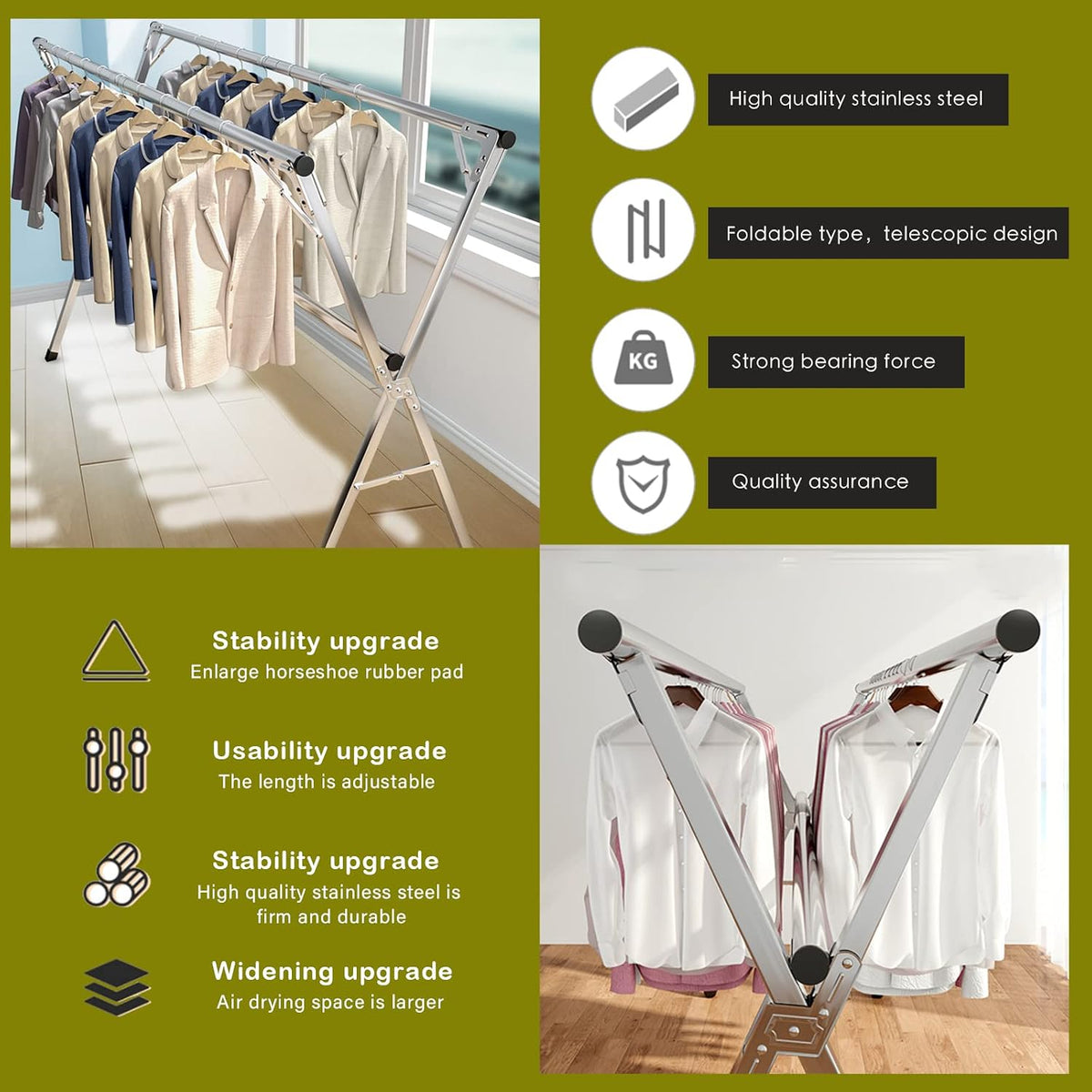 AIODE Clothes Racks for Hanging,94.5 inch for Stainless Steel Adjustable and Foldable Space Saving Laundry Clothes Drying Rack for Indoor Outdoor with Windproof Hooks