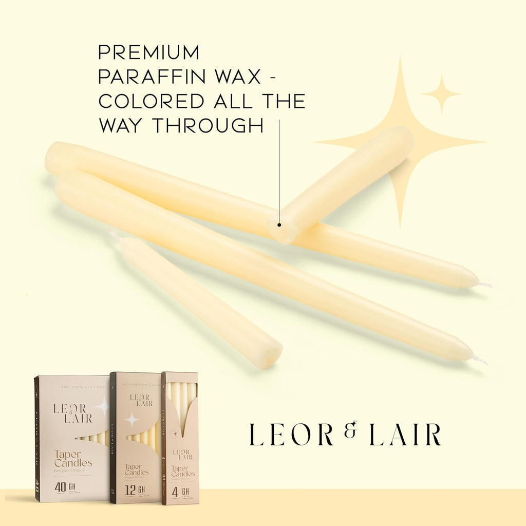 Leor & Lair Ivory Taper Candles, 12 Pack, 10" Unscented Ivory Candlesticks