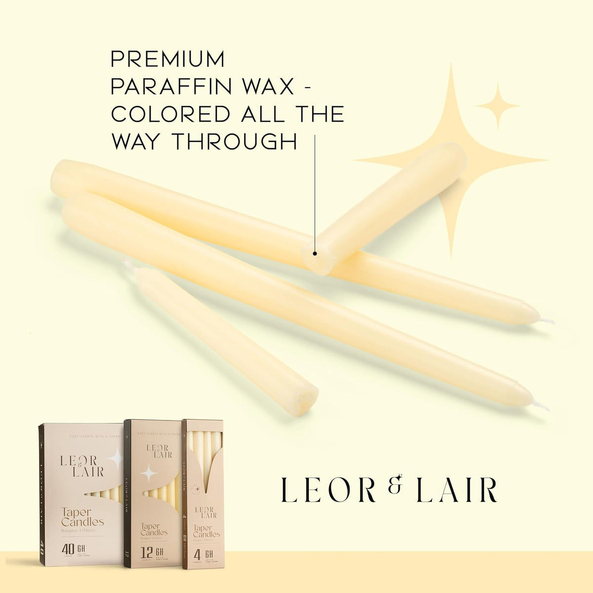 Leor & Lair Ivory Taper Candles, 12 Pack, 10" Unscented Ivory Candlesticks