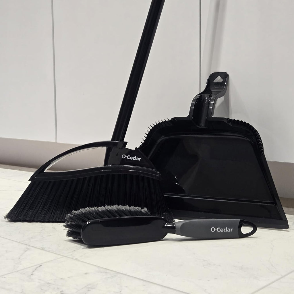 O-Cedar Strong Sweep Broom and Dustpan Set with Detail Brush | Indoor Outdoor Heavy Duty Stiff Bristle Broom | Step-On Dust Pan