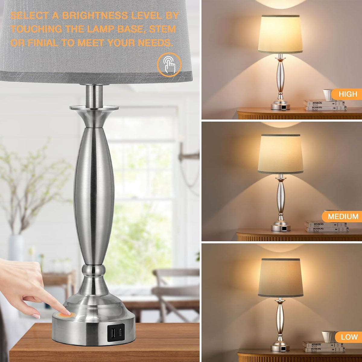 Bedroom Lamps for Nightstand, 3 Way Dimmable Silver Bedside Lamps with USB