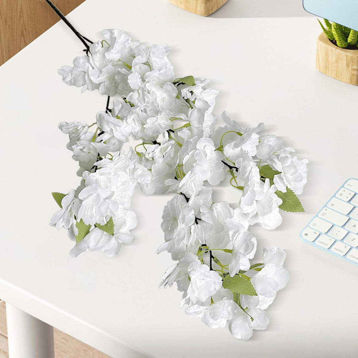 Artificial Cherry Blossom Branches, 5Pcs White Silk Faux Flowers, 33.5in