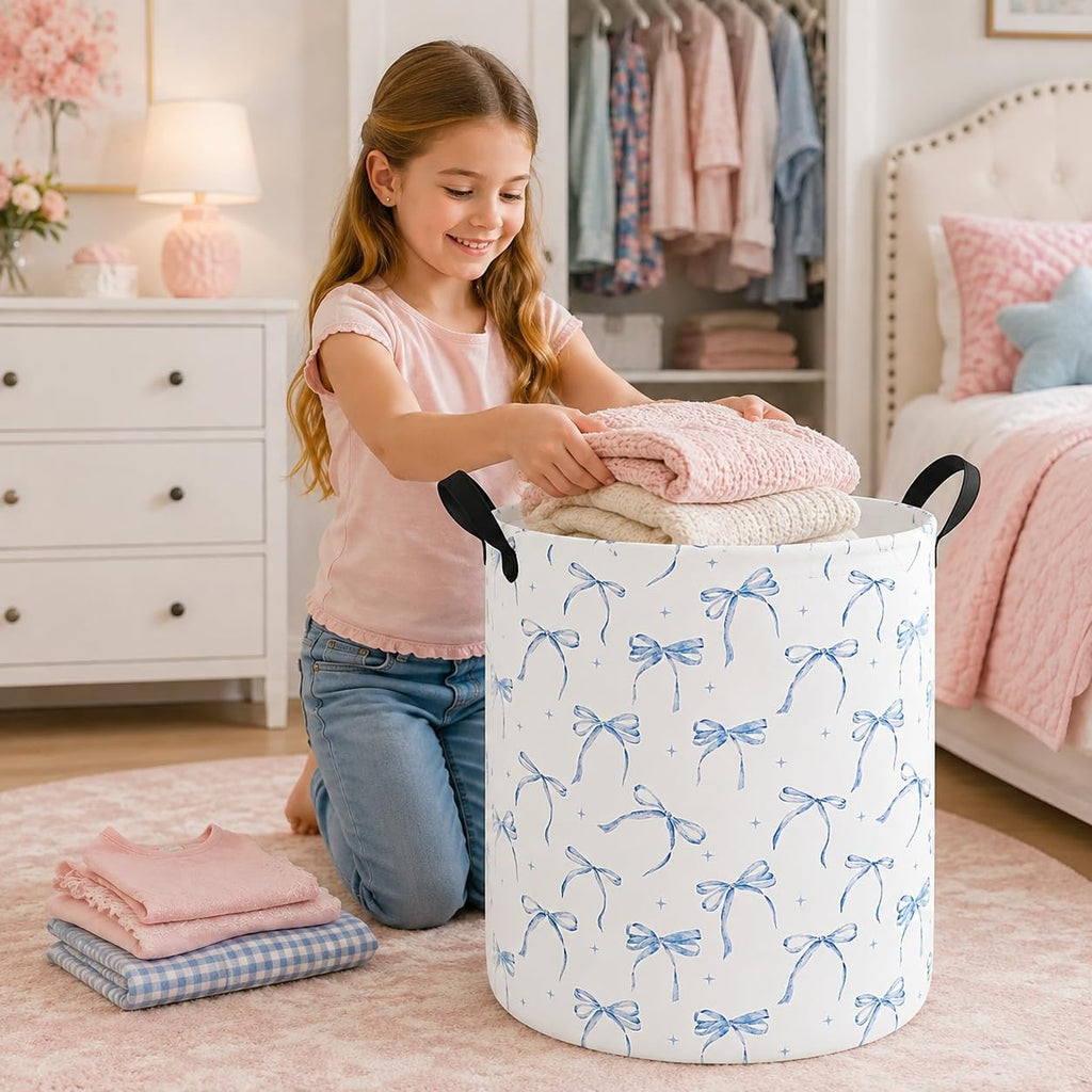 Blue Bow Laundry Hamper for Girls Room, Foldable Toy Storage Basket
