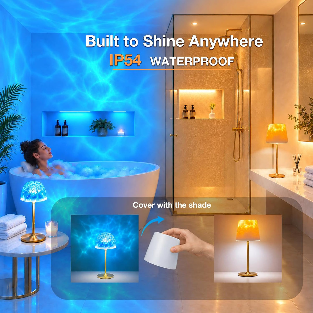 Waterproof Shower Lamp, Ocean Wave Projector, Rechargeable 16-Color 2-Pack
