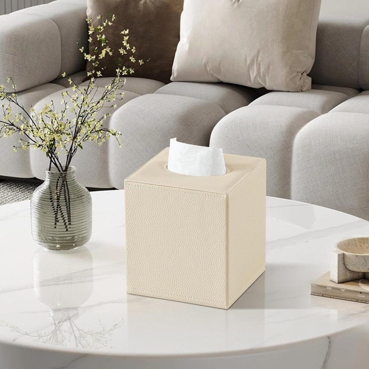 Square Tissue Box Cover with Magnetic Closure Bottom, Beige