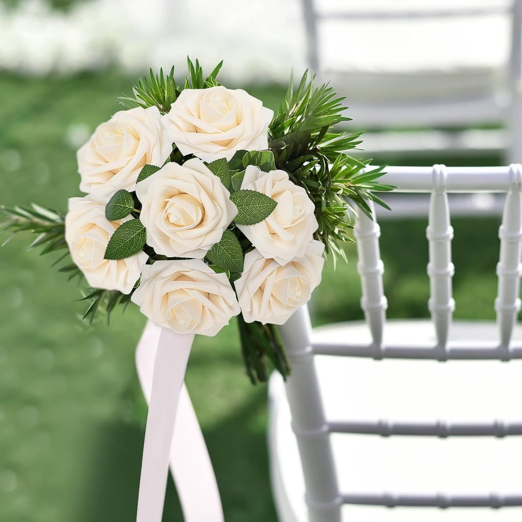Mocoosy 50Pcs Rose Artificial Flowers, Cream White Fake Roses for Decorations, Real Touch Beige Foam Rose Bulk with Stem DIY Wedding Bouquet Bridal Shower Centerpieces Floral Arrangement Table Decor